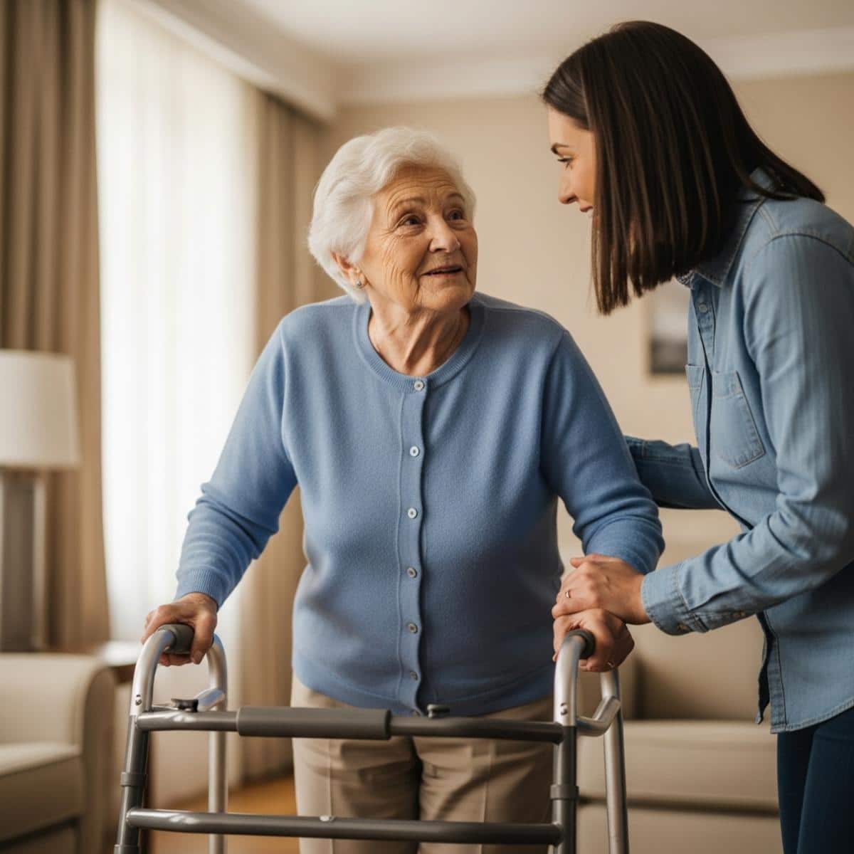 Older woman with walker in conversation with adult daughter during care facility tour, full-body centered view