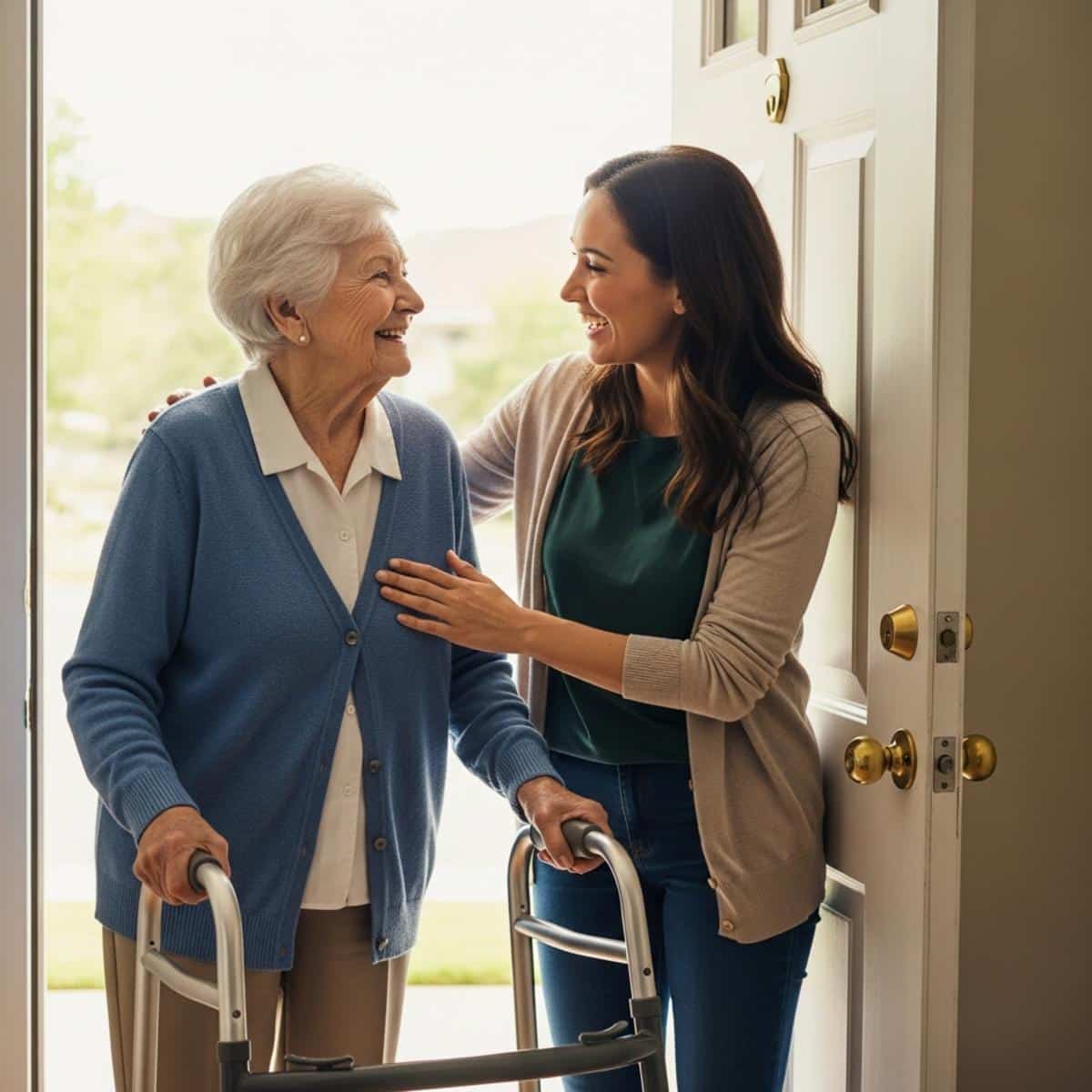 Older woman with walker greeting adult daughter at door with open arms and smile, full-body centered view