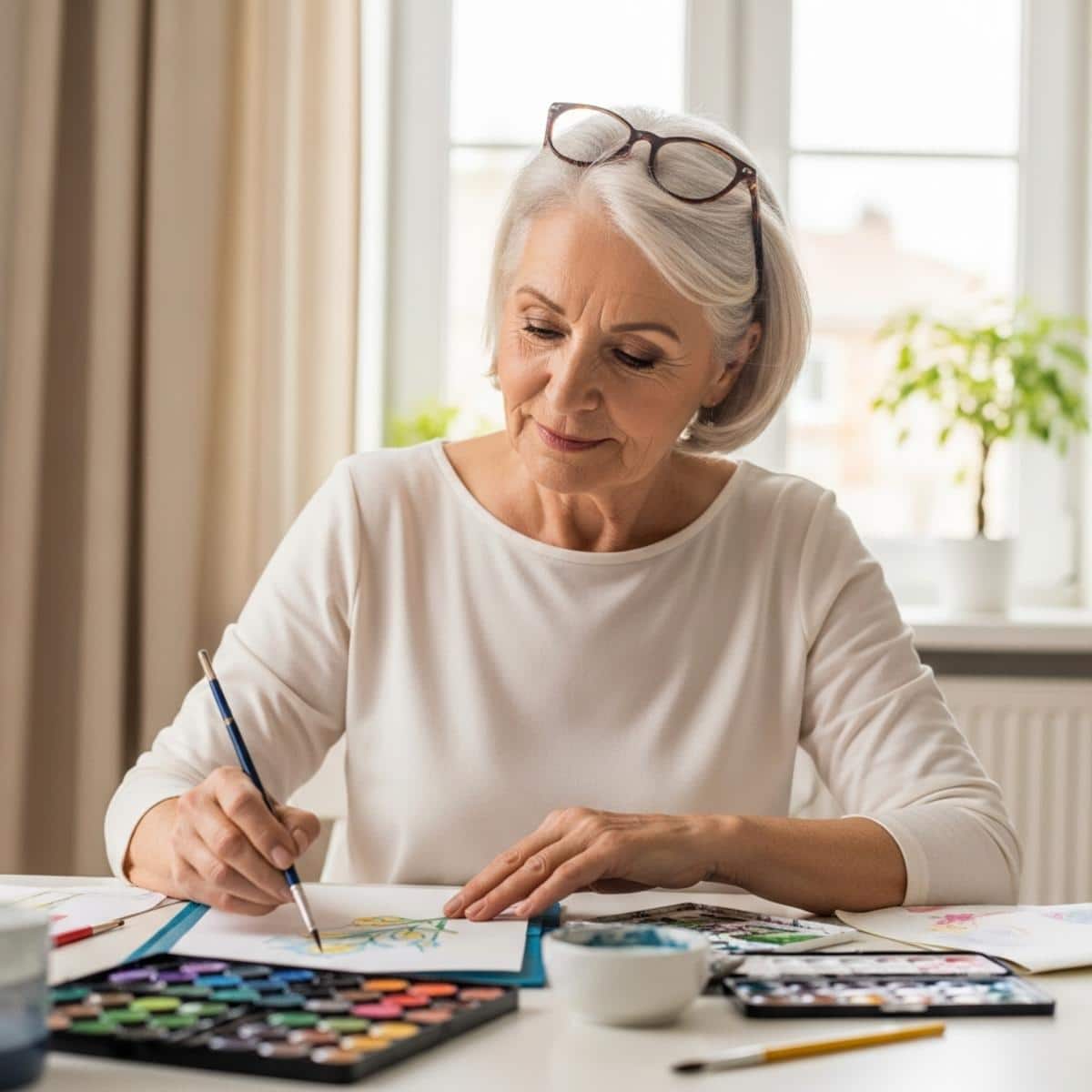 Older woman at kitchen table starting watercolor painting with supplies, waist-up centered view