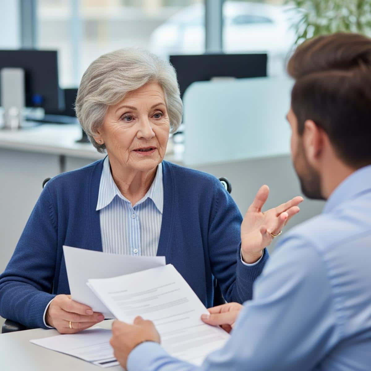 Older woman in wheelchair discussing documents with bank manager at desk, centered waist-up view