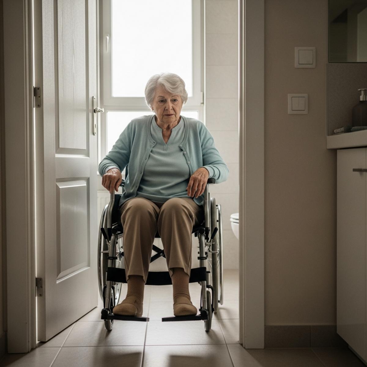 Older woman in wheelchair carefully moving through bathroom doorway, centered full-body view