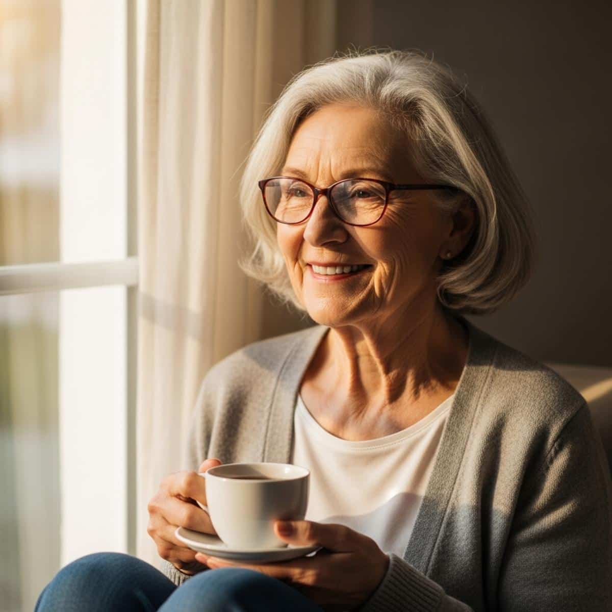 Older woman with glasses sitting by window with tea cup, centered waist-up view showing serene expression