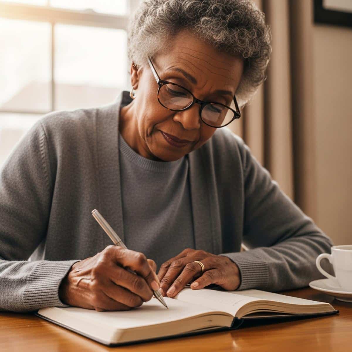 Older woman with reading glasses writing in a journal at a sunlit wooden desk, waist-up centered view