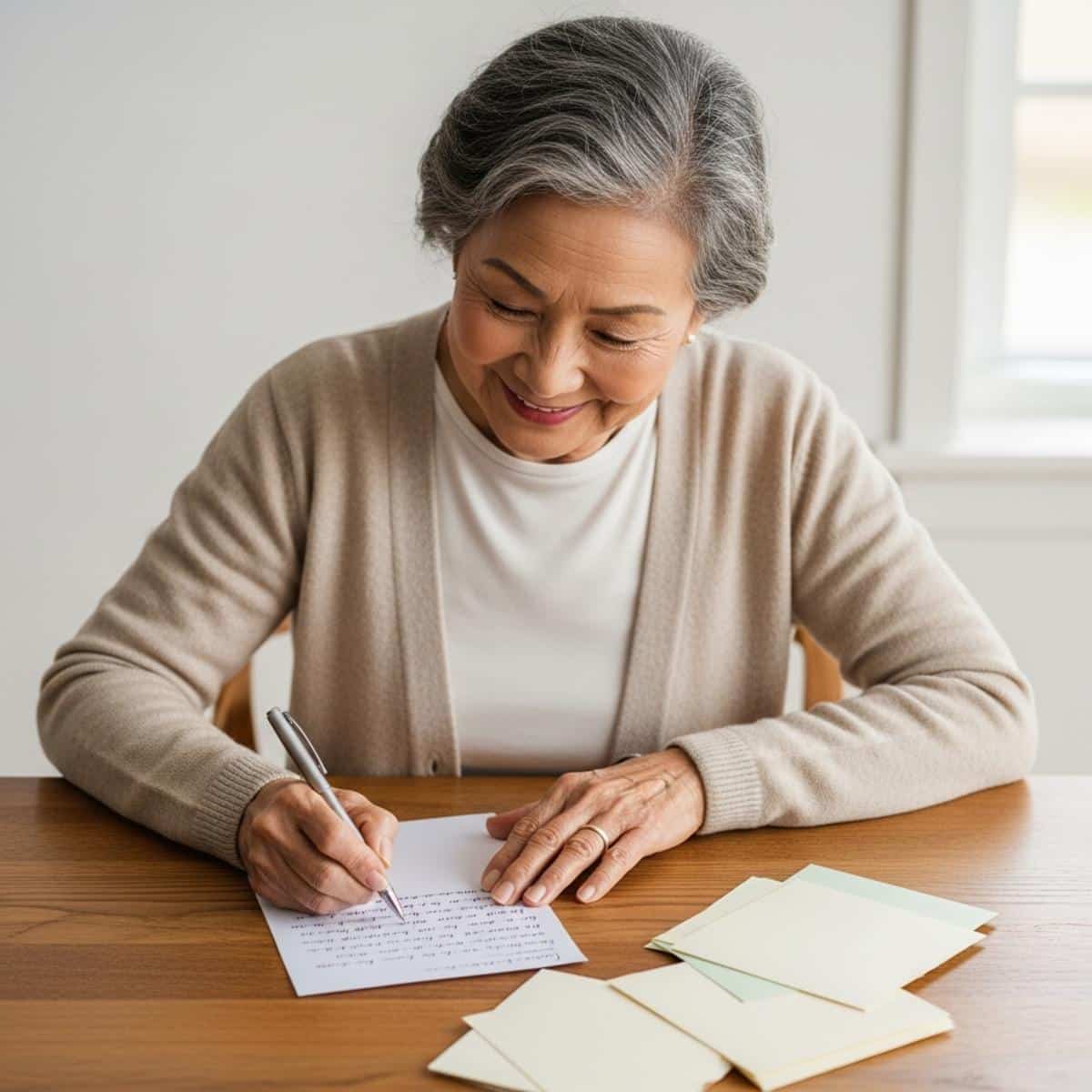 Older woman writing letter at kitchen table with notecards, overhead centered view of hands and materials