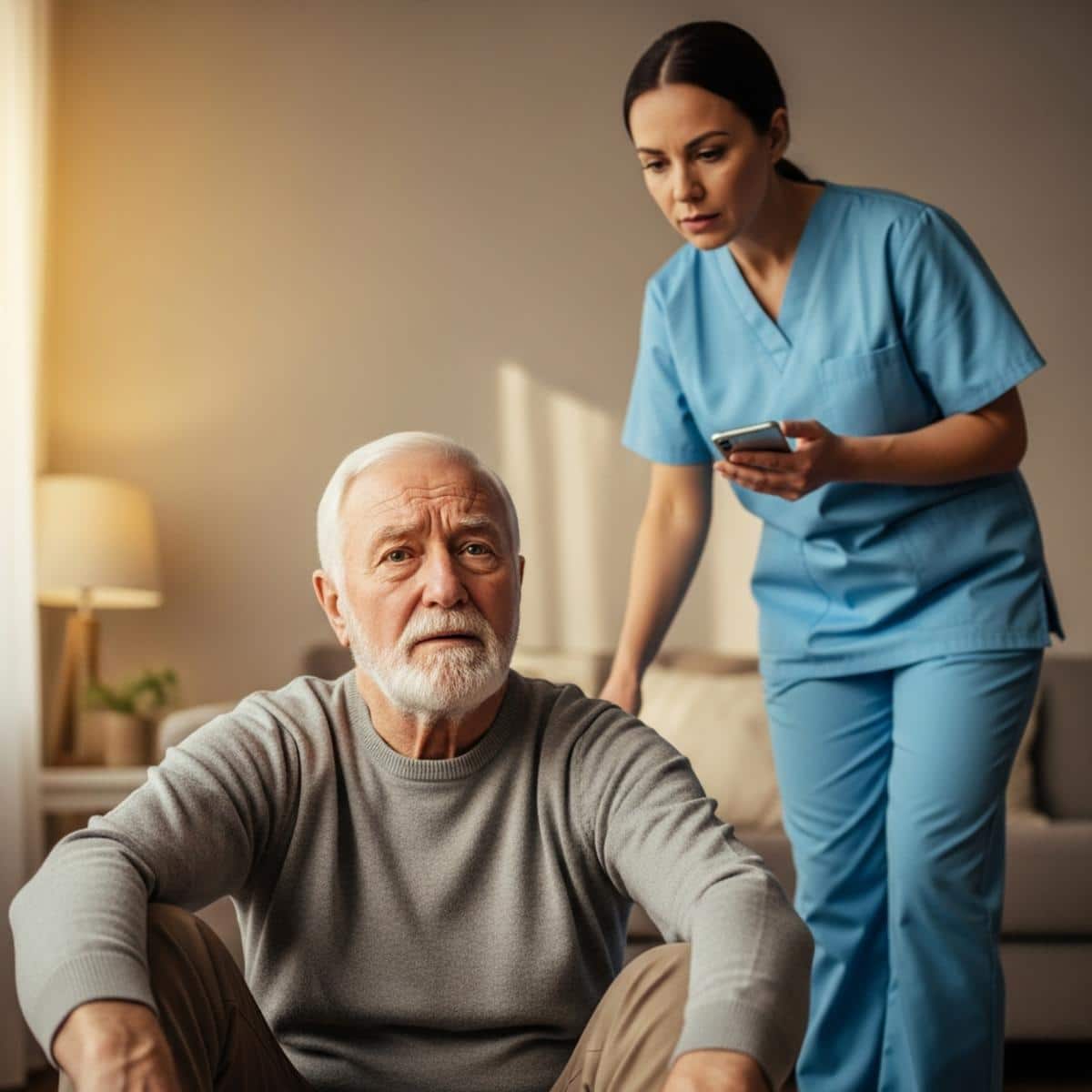 Confused older man on floor with caregiver standing nearby holding phone, centered composition showing emergency moment