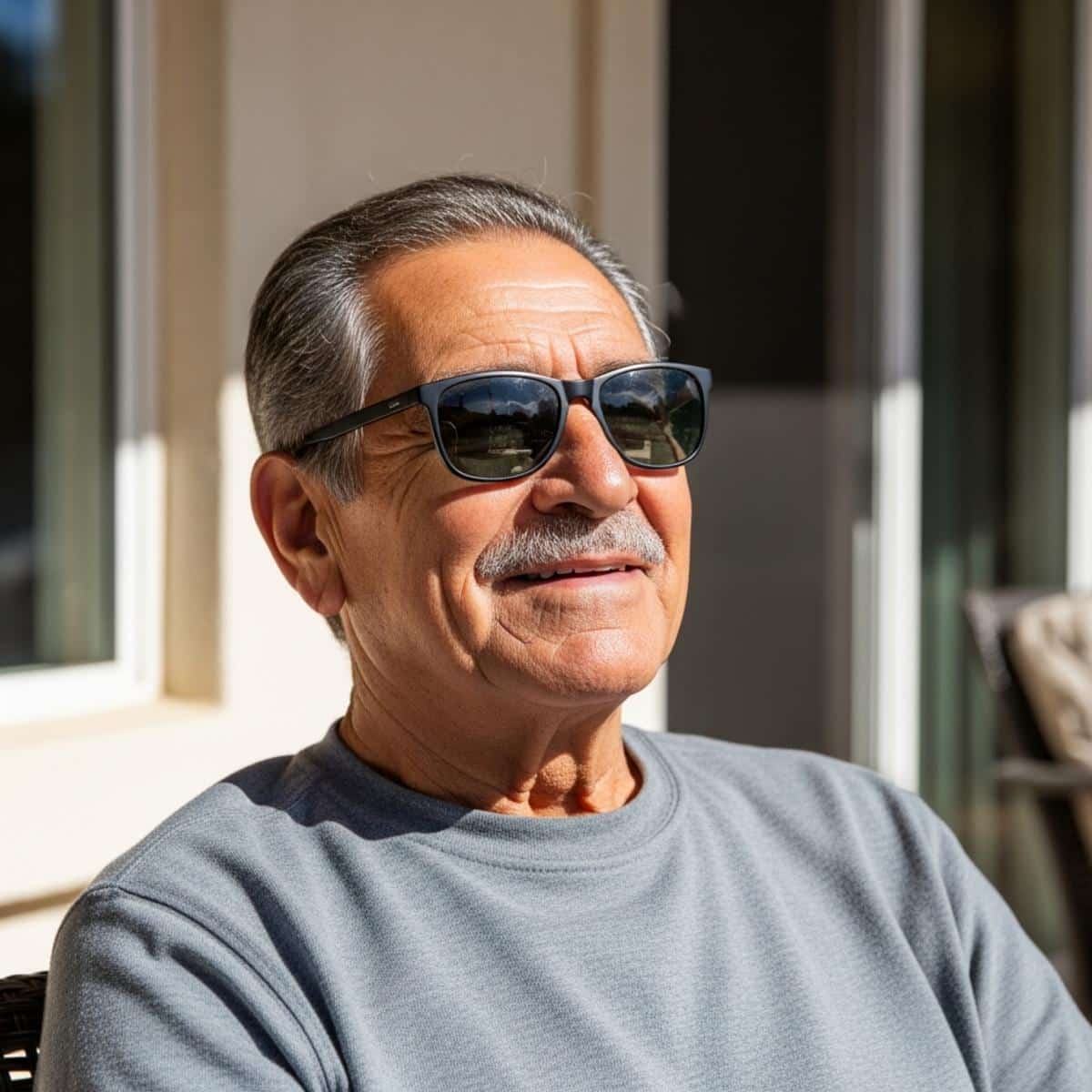 Older man wearing polarized sunglasses relaxing on sunny patio, three-quarter centered view