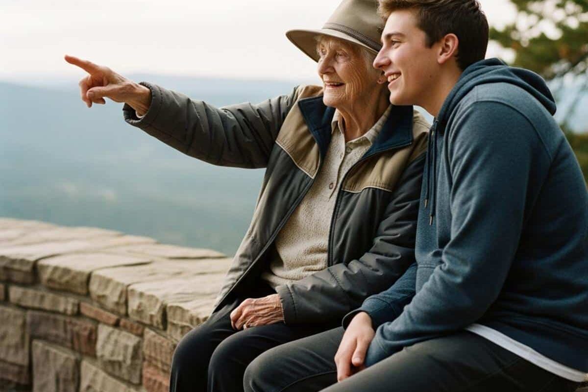 Older woman in a wide-brim hat pointing at a landscape feature while seated beside a young adult grandchild on a stone wall at a national park overlook, waist-up centered view