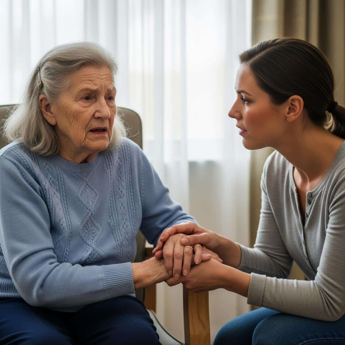 Adult daughter crouching beside an elderly confused woman in a memory care room, holding her hand with a calm reassuring expression, waist-up centered view