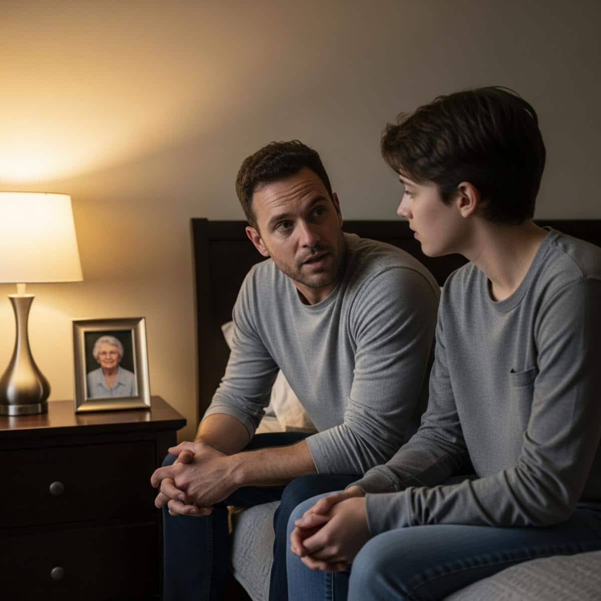 Father and child sitting together on a bed having a quiet conversation before a memory care visit, framed photo of elderly woman visible on nightstand, waist-up centered view