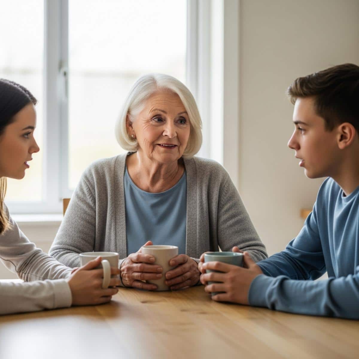 Older woman and teenage grandchild sitting across a kitchen table from each other holding mugs in a quiet conversation, waist-up centered view