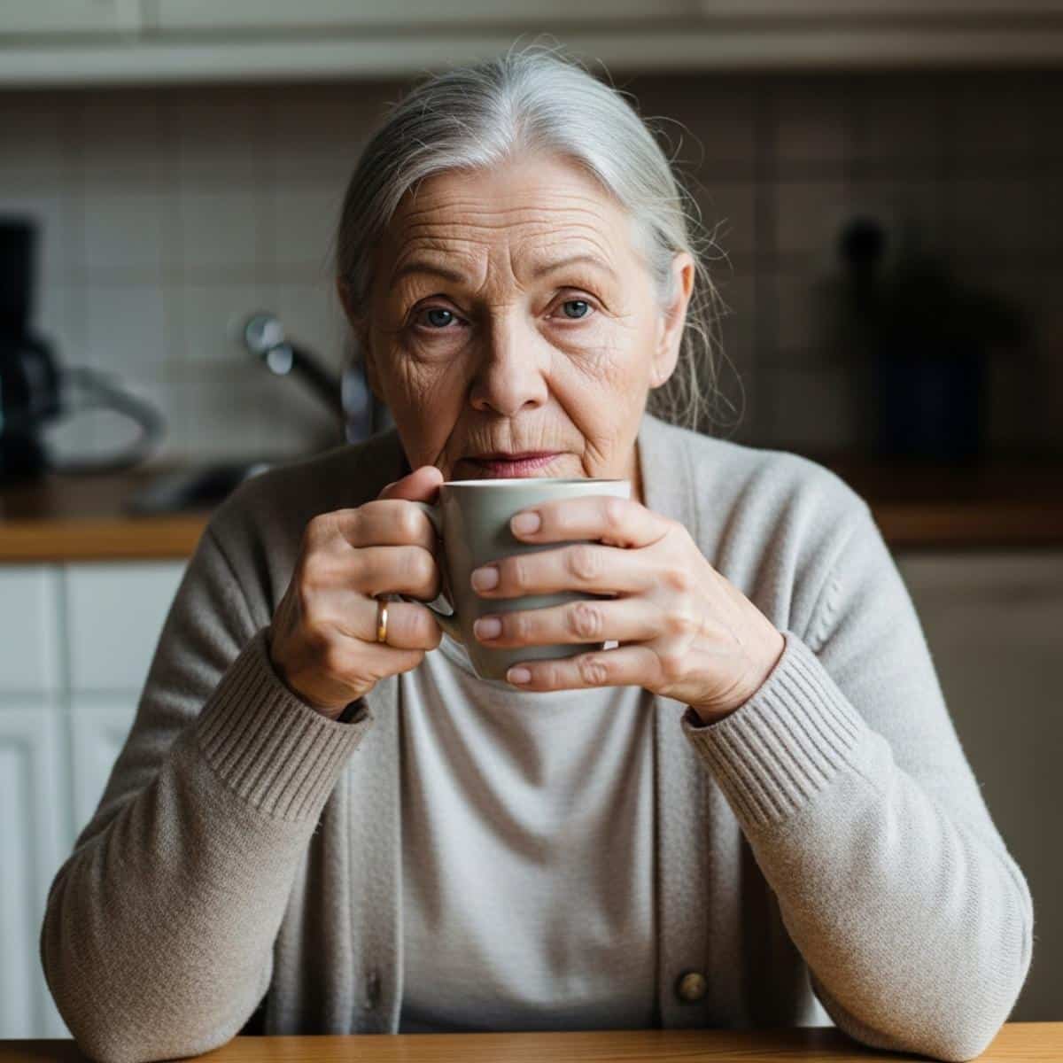 Older woman sitting at a kitchen table with both hands wrapped around a ceramic coffee mug, quiet reflective expression, waist-up centered view
