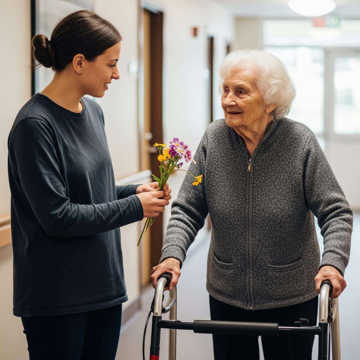 Elderly woman using a walker in a memory care hallway as a grandchild walks beside her holding a small bunch of flowers, both looking at each other warmly, three-quarter centered view