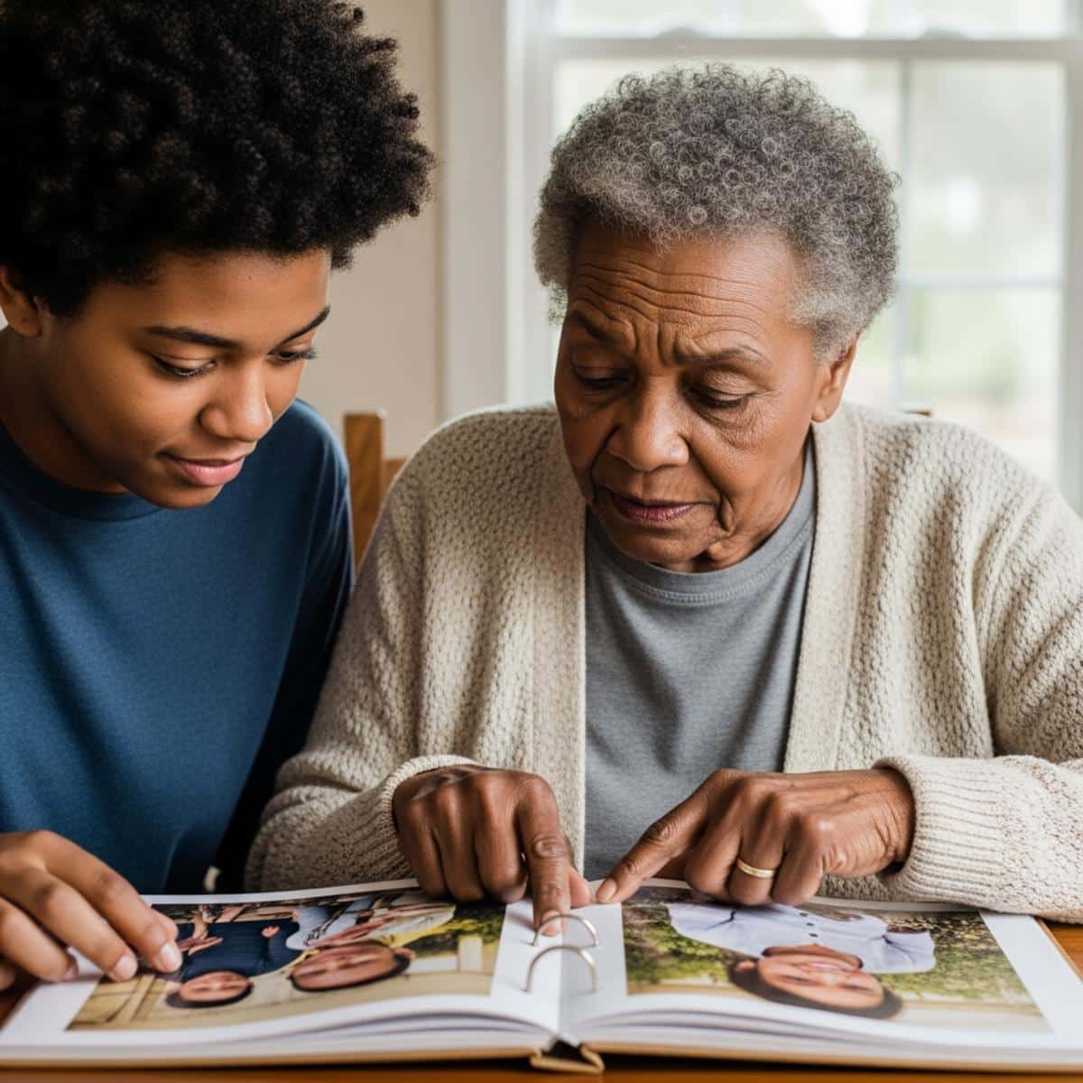 Older woman and grandchild sitting together at a kitchen table looking through a large-print photo book, waist-up centered view