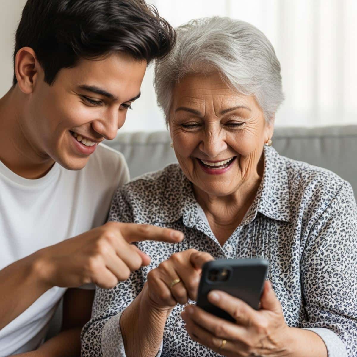 Older woman and young adult grandchild sitting together on a sofa laughing over a shared smartphone screen, waist-up centered view