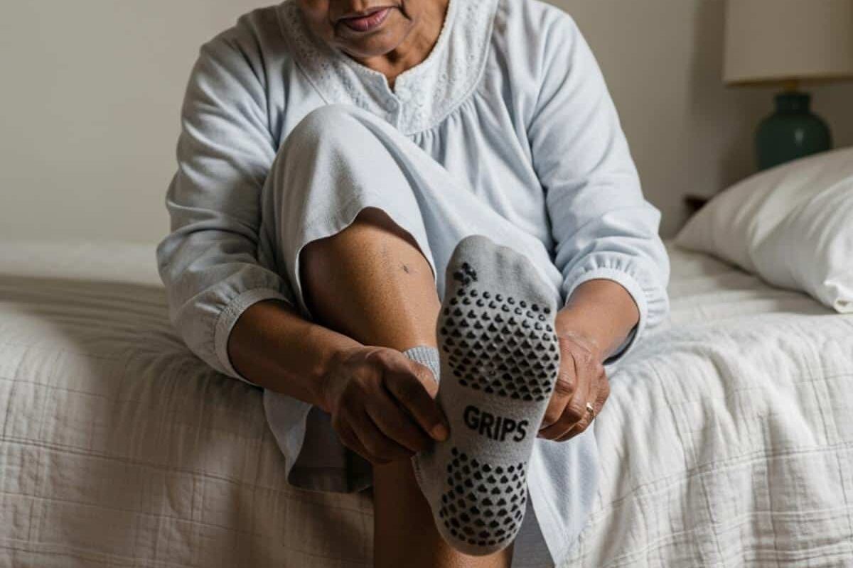 Older man in grip socks rising from bed at night with a walker positioned nearby, full-body centered view
