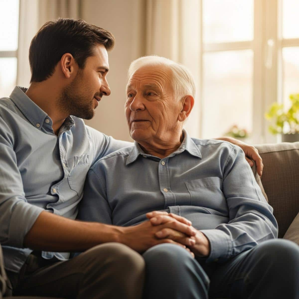 Adult child and older parent having respectful conversation on couch, centered three-quarter view
