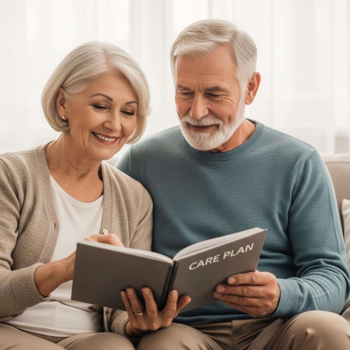 Older couple sitting together reviewing care plan document, waist-up centered view
