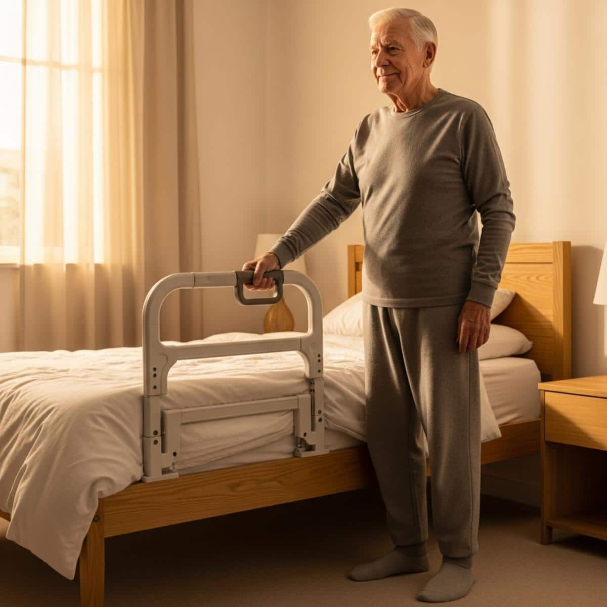 Older man holding bed assist handle wearing non-slip socks, full-body centered view in bedroom
