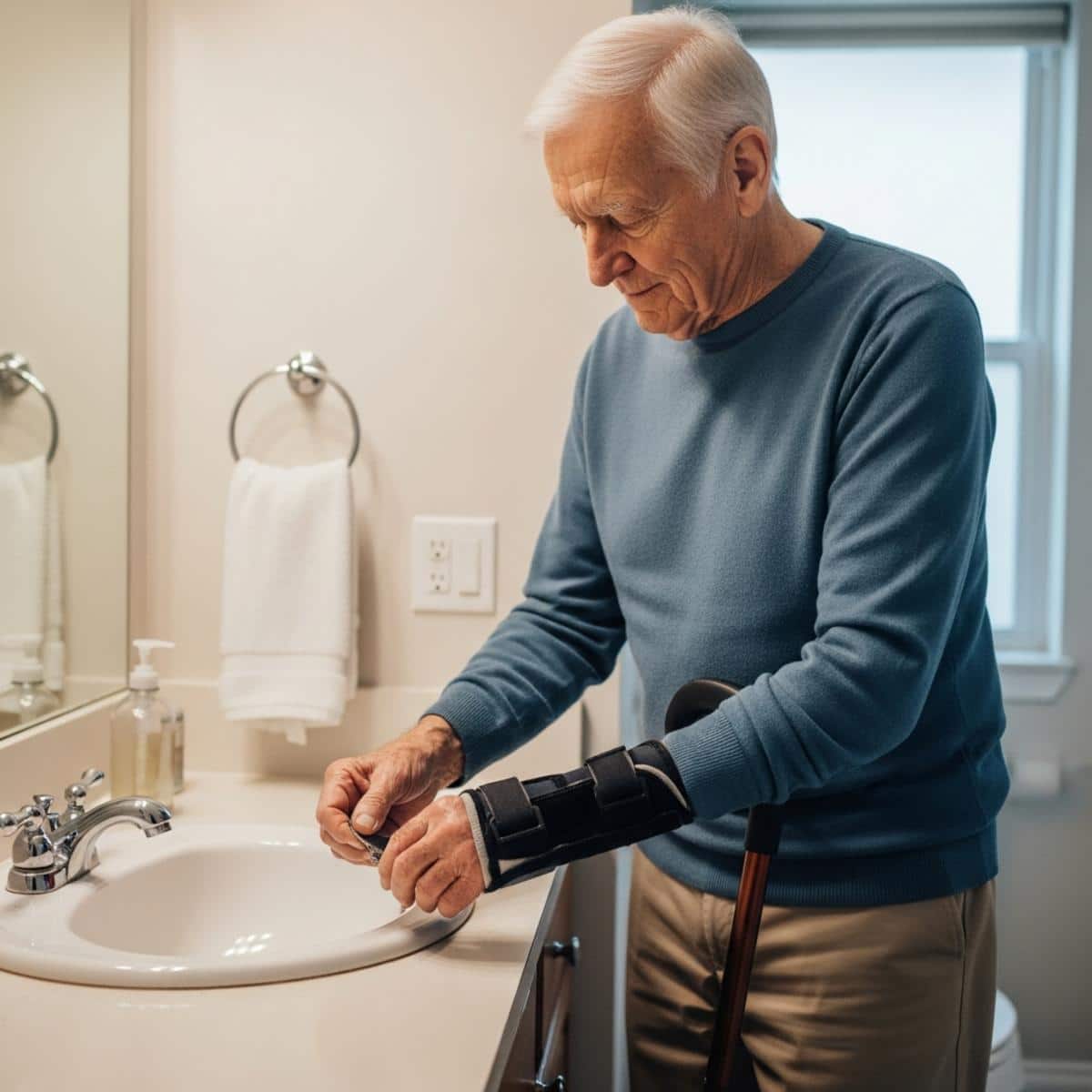 Older man with cane preparing wrist brace at bathroom sink, centered full-body view