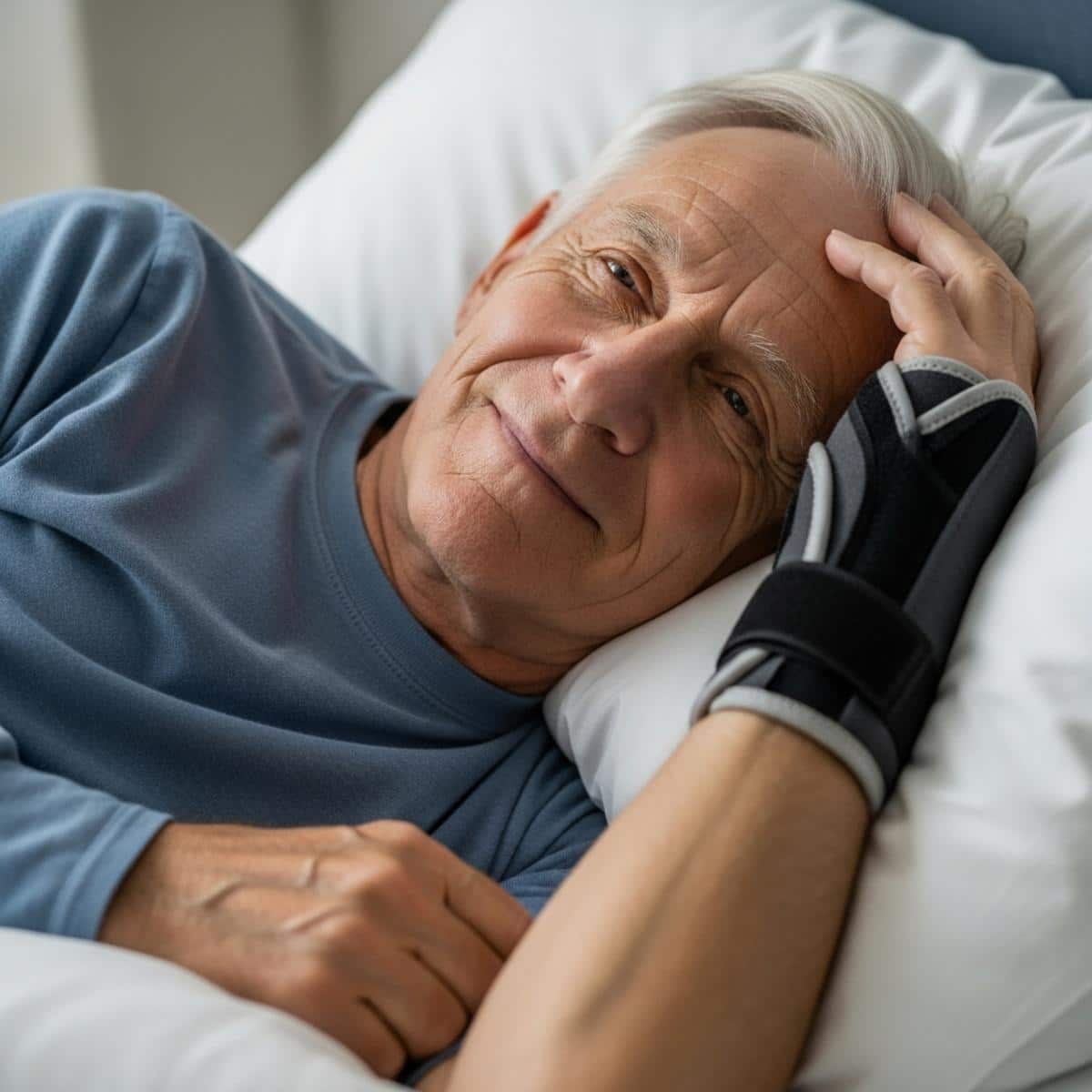 Older man peacefully sleeping in bed wearing wrist brace, centered profile view