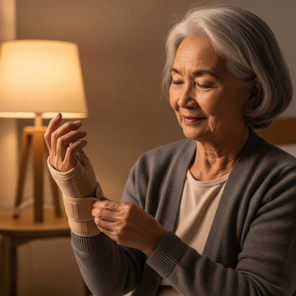 Older woman carefully adjusting soft wrist brace on her hand before sleep, centered waist-up view