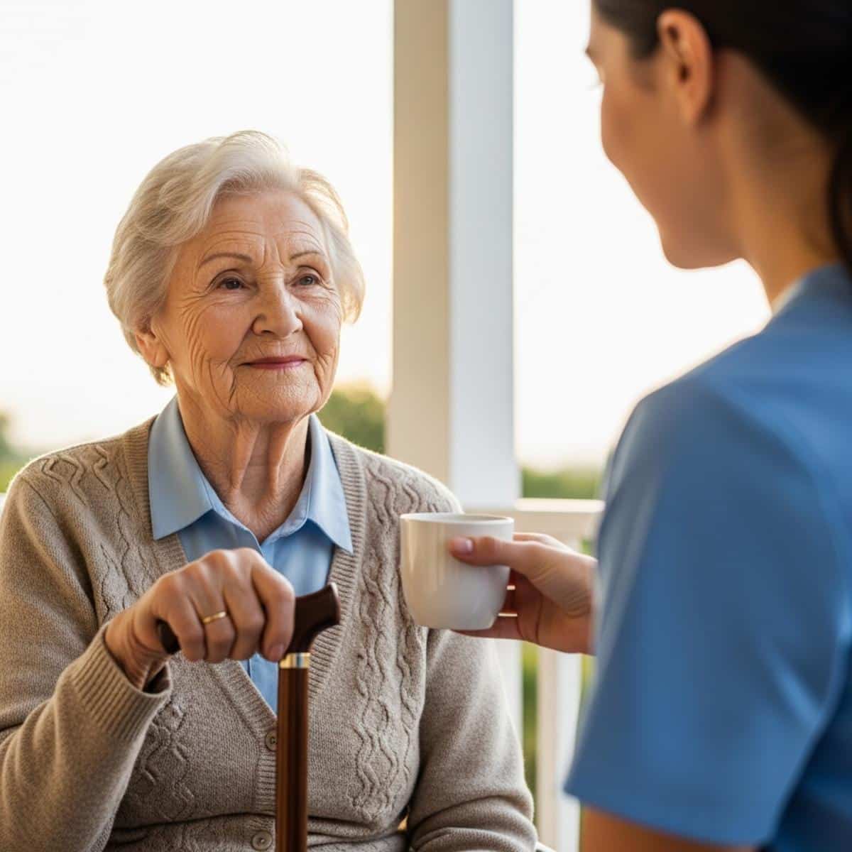 Older woman with cane on porch with caregiver, waist-up centered view, peaceful expression