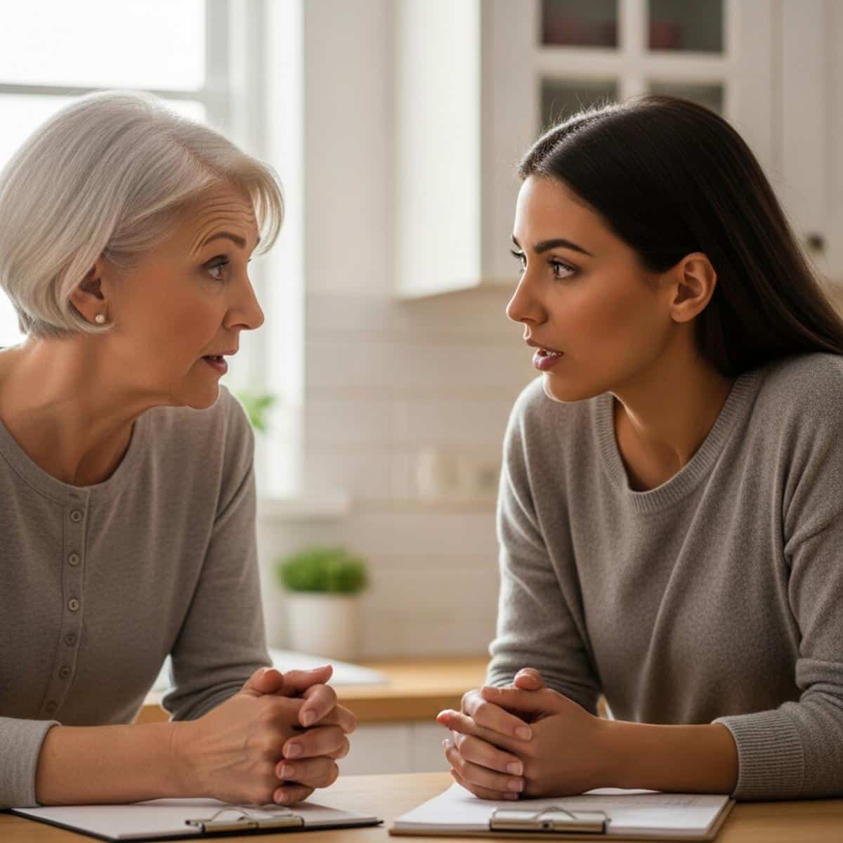 Older woman and younger adult family member in serious conversation at kitchen counter, waist-up centered view