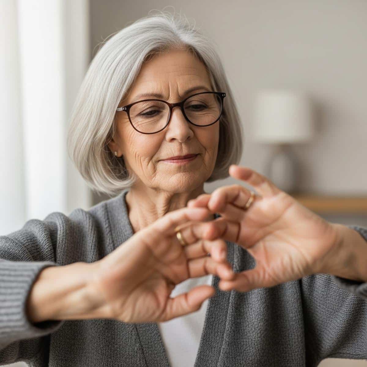 Older woman doing gentle circular hand stretches, centered waist-up view with hands prominent