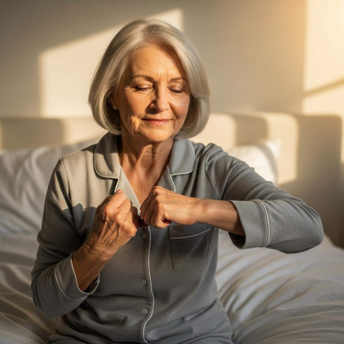 Older woman sitting on bed gently stretching her hands in morning light, centered waist-up view