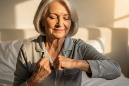 Keep older woman morning hand stretching bed[1]