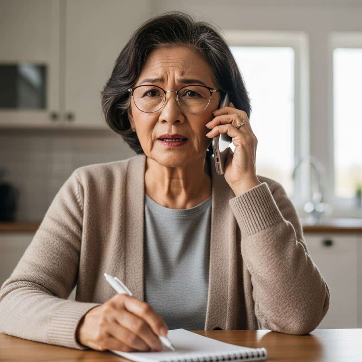 Older woman on phone call at kitchen table with notepad, waist-up centered view