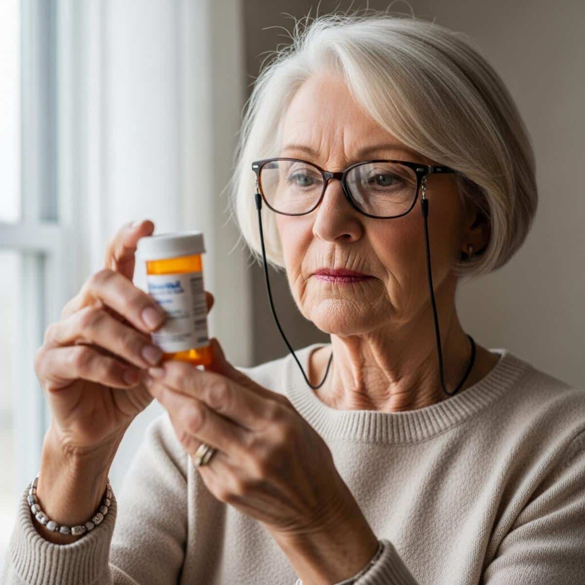 Older woman with glasses holding prescription bottle up to read label, waist-up centered view
