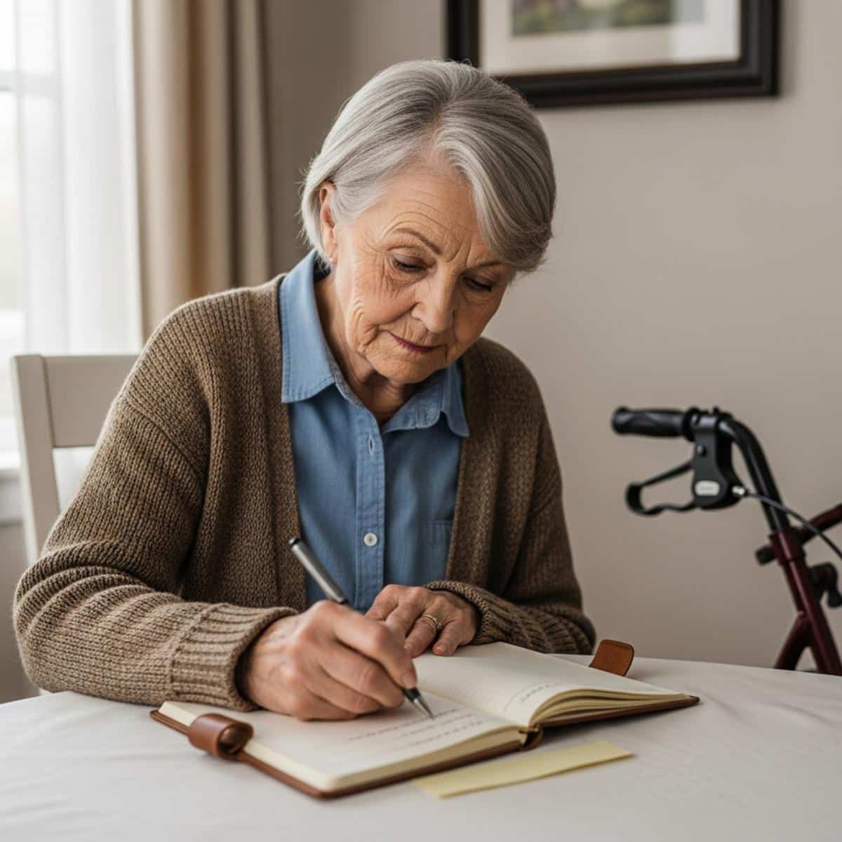 Older woman with walker writing care notes at table, waist-up centered view