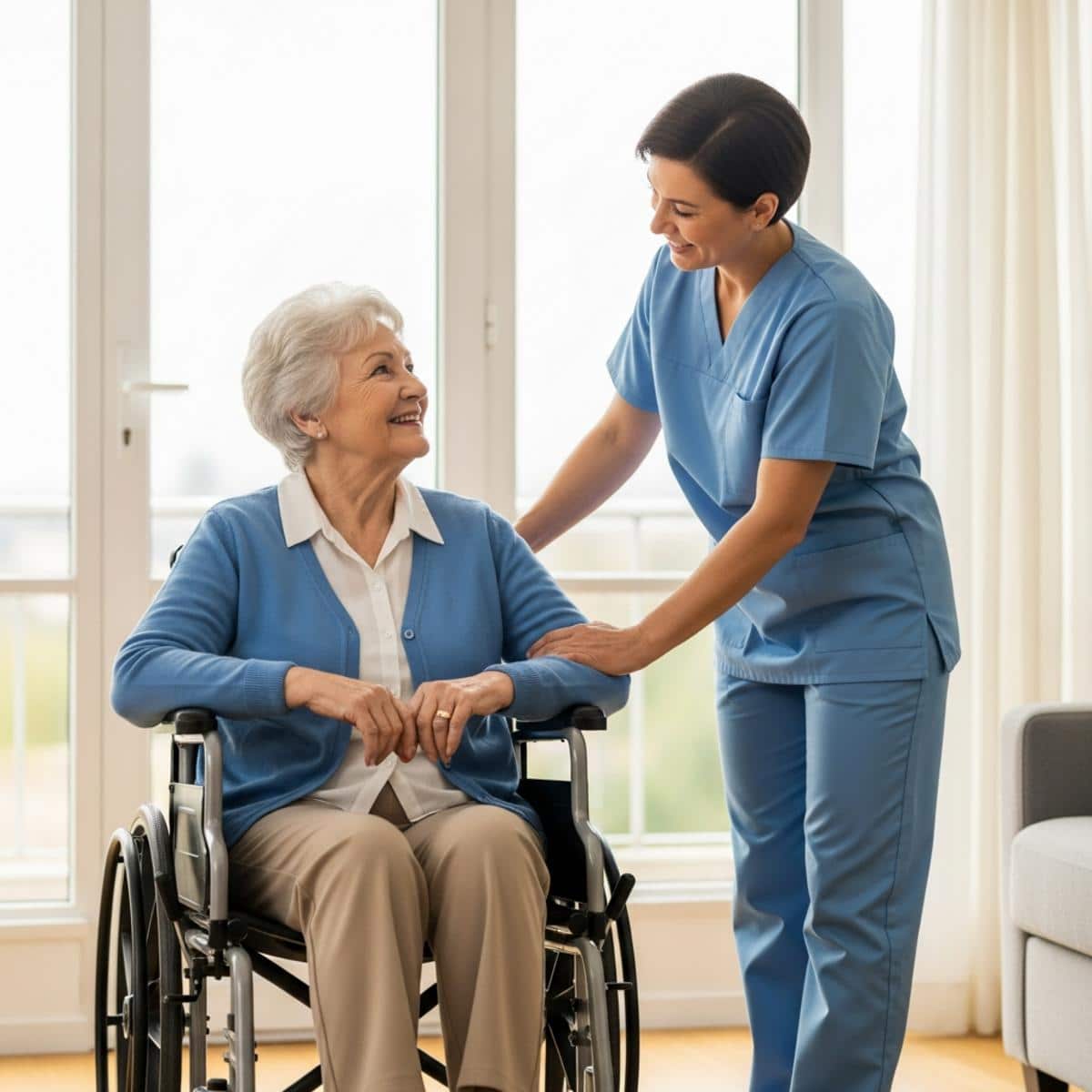 Older woman in wheelchair in accessible living space with caregiver nearby, three-quarter centered view