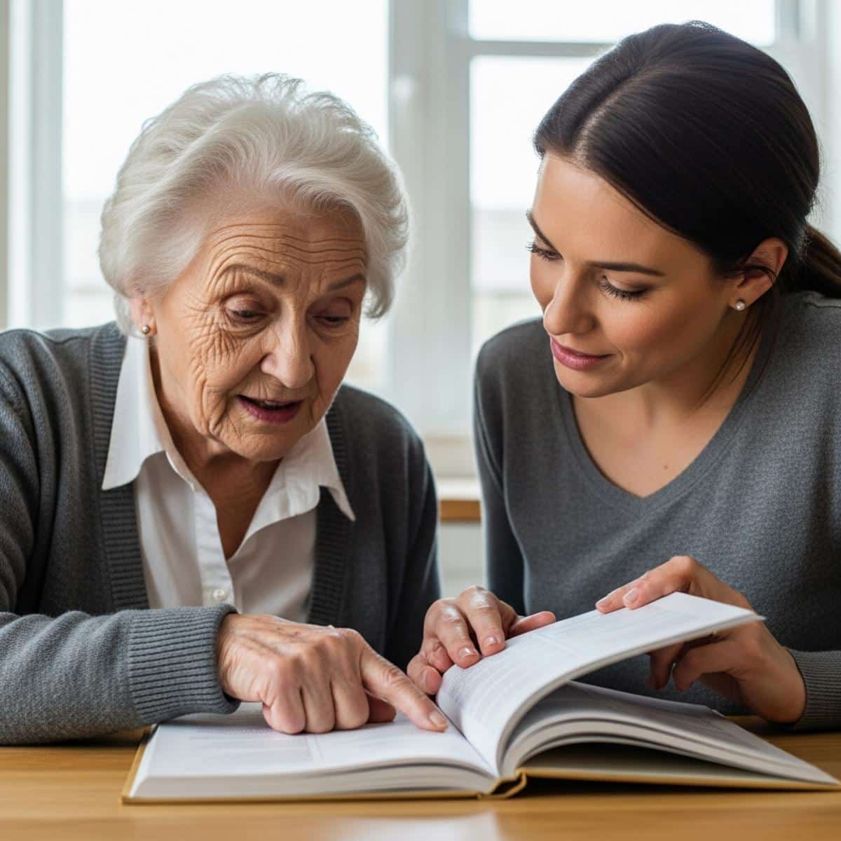 Older woman and adult daughter leaning over an open cookbook at a kitchen table, waist-up centered view
