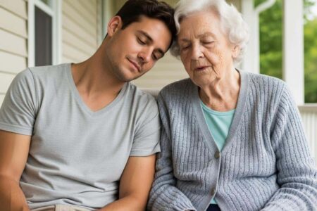 Older woman and her young adult grandchild sitting side by side on a porch bench humming along to music from a small speaker between them, waist-up centered view