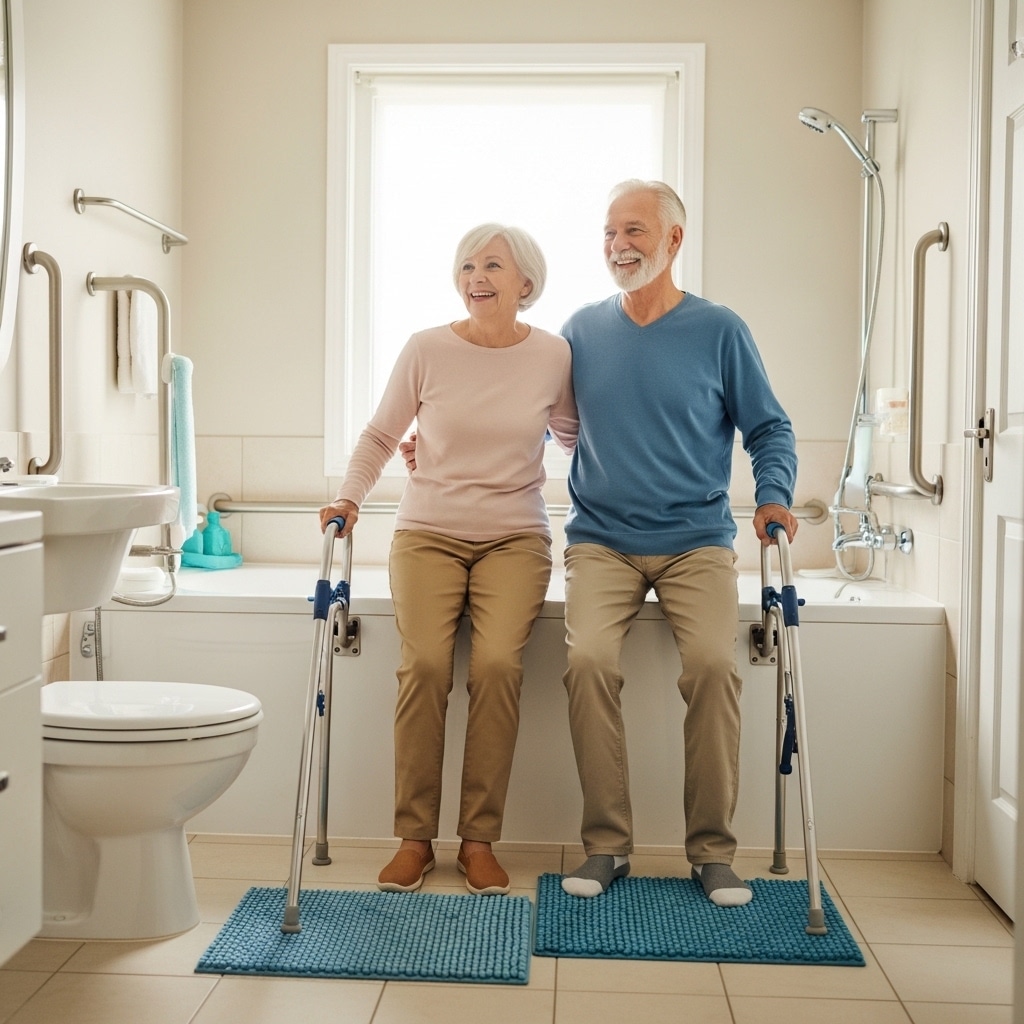 Older couple in fully adapted accessible bathroom with multiple safety features and grab bars, full-body centered view