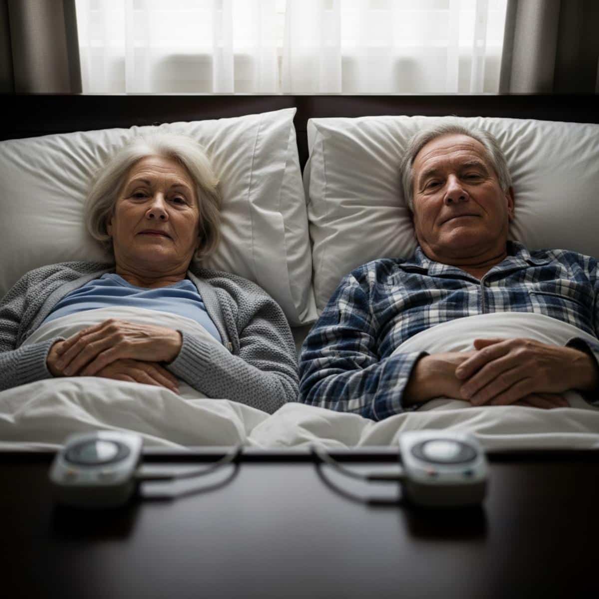 Older woman sitting on bed edge with electric blanket on lap while caregiver adjusts the control panel, waist-up centered view