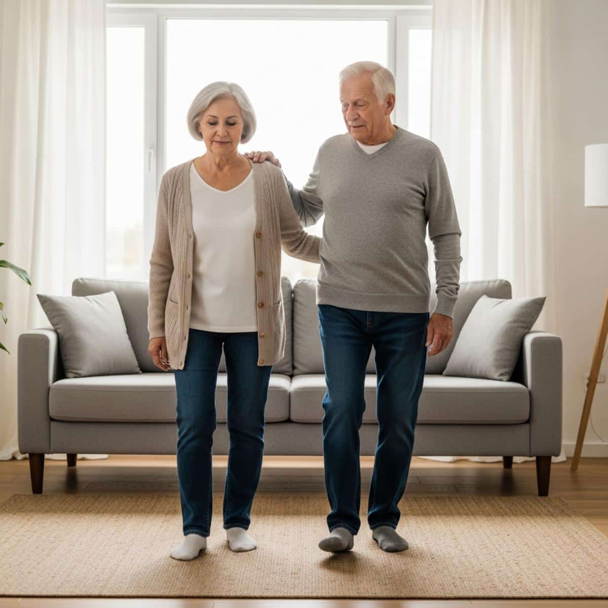 Older woman pausing mid-step and steadying herself on a sofa back in a sunlit living room, full-body centered view
