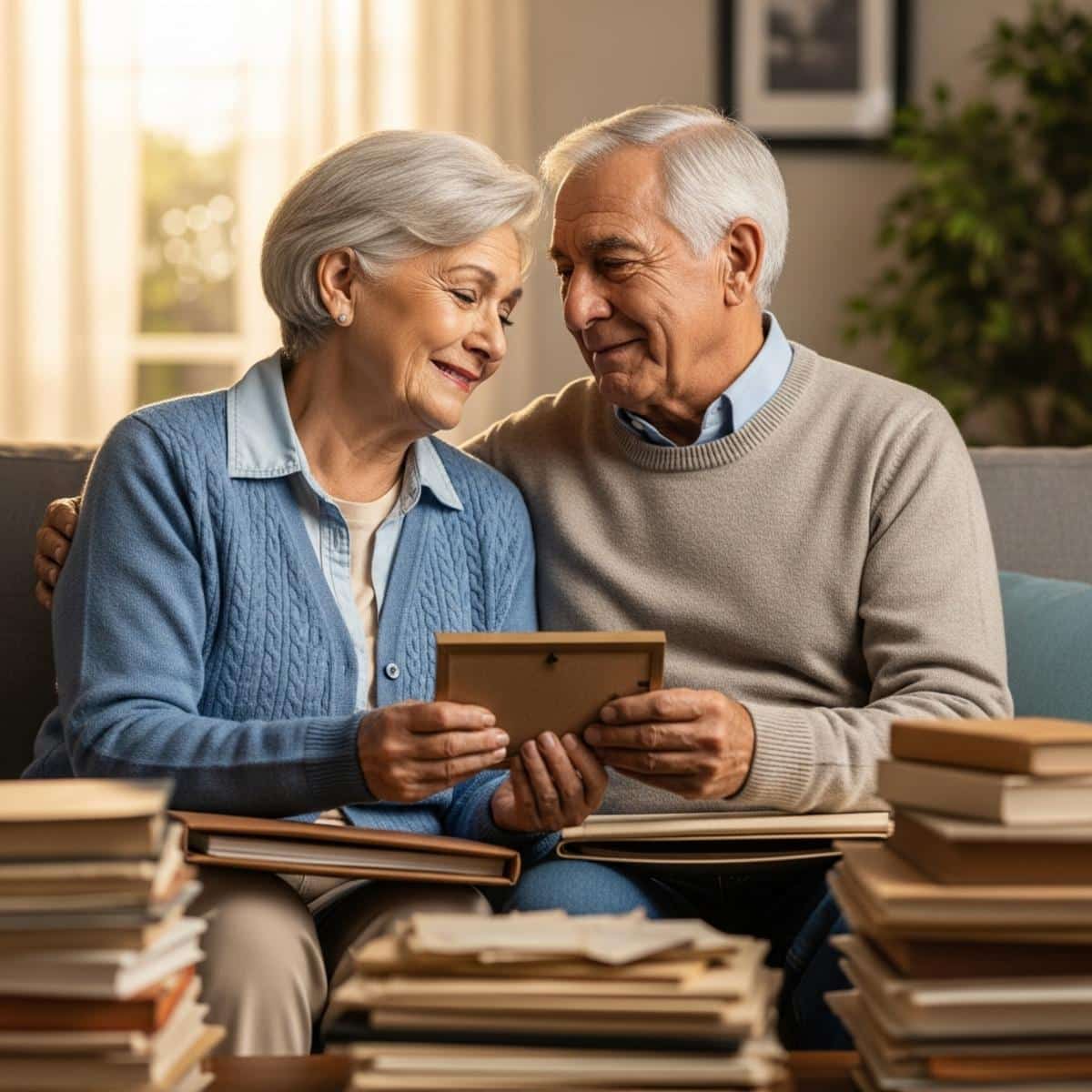 Older couple sitting together on a sofa sorting keepsakes and holding a framed photo, waist-up centered view