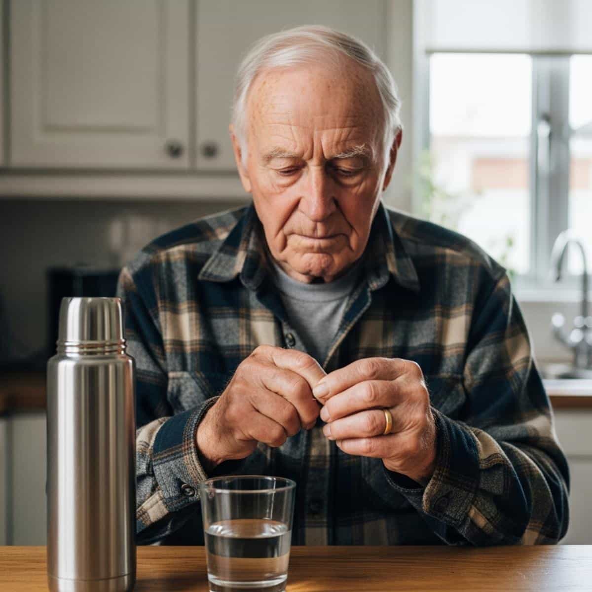 Older man looking at his arthritic hand at a kitchen counter with an insulated water bottle and glass of water beside him, waist-up centered view