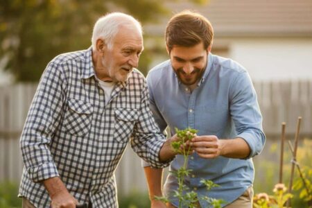 Older man cane son garden together[1]