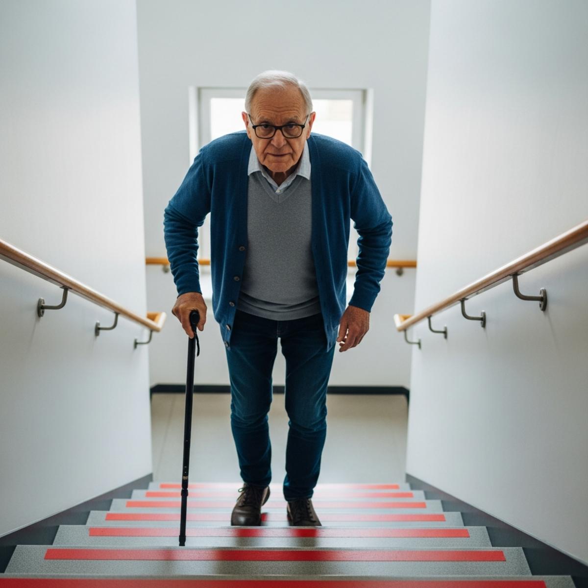 Older man using cane descending stairs with high-contrast tape markings, full-body centered view