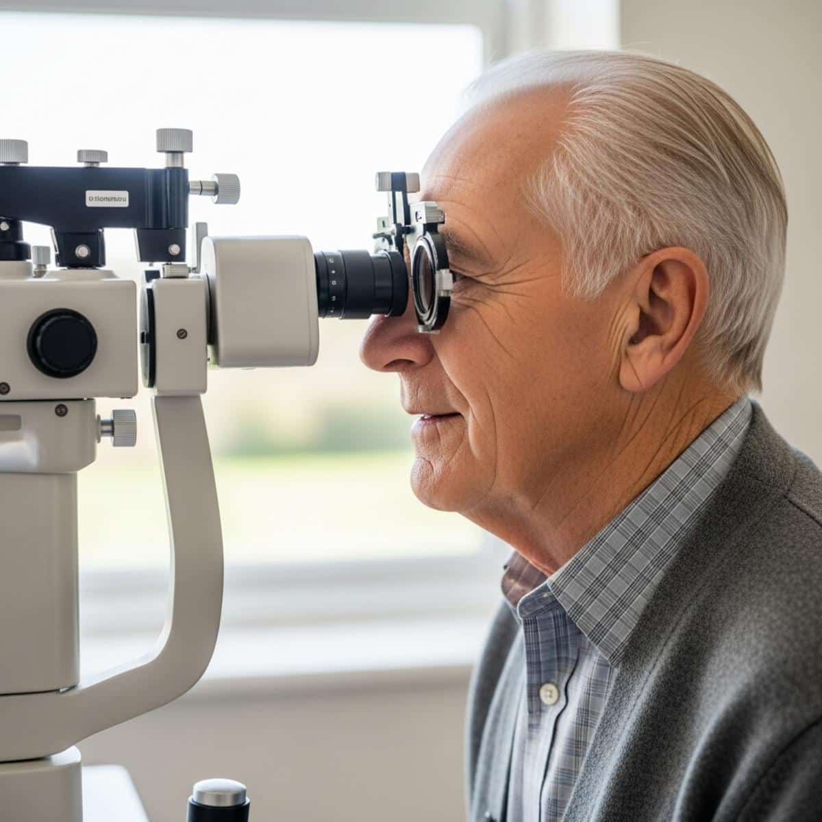Older man receiving professional eye examination with optometrist, centered profile view