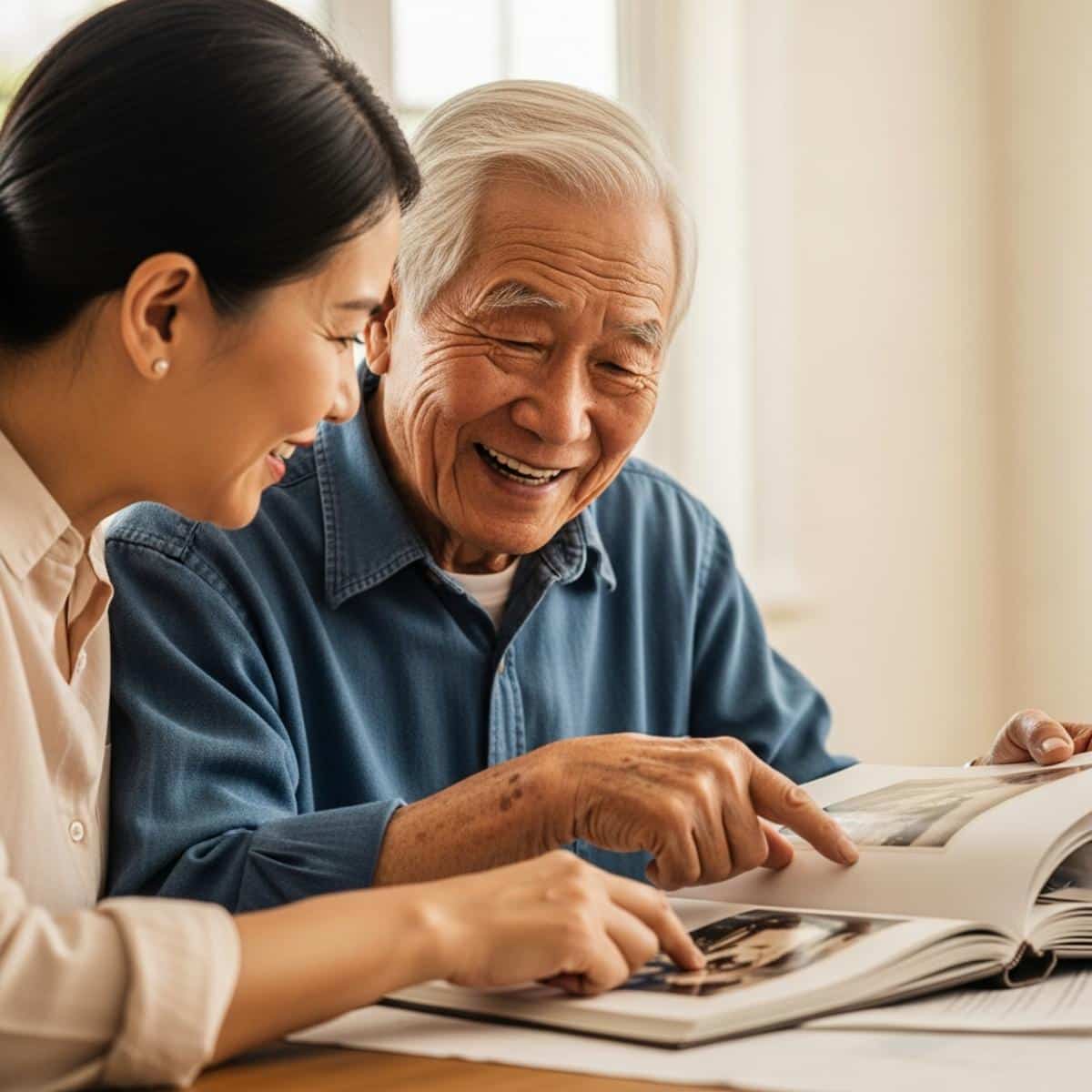 Older man and adult family member seated at kitchen table looking through old photo album together, waist-up centered view