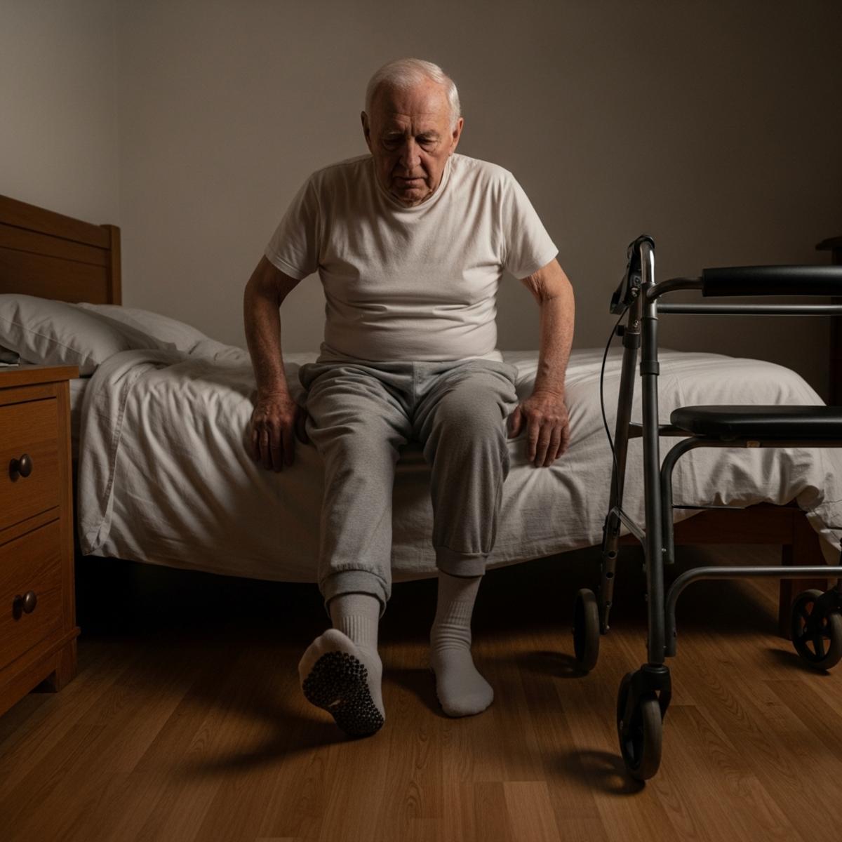 Older woman in grip socks and robe pausing on a hardwood kitchen floor in morning light, full-body centered view