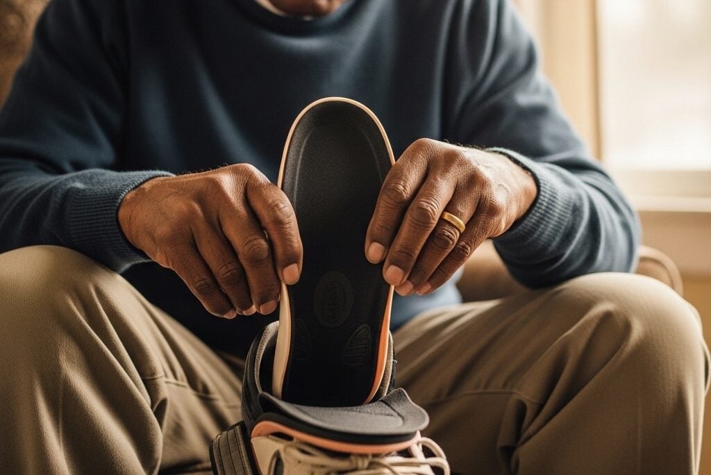 Older man inserting custom orthotic into orthopedic shoe with removable footbed, centered waist-up view