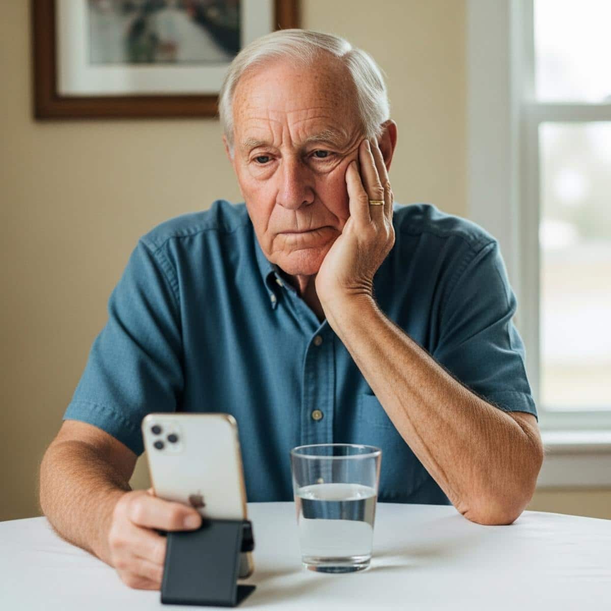 Older man leaning on his elbows at a dining table studying a propped-up smartphone with focused attention, waist-up centered view