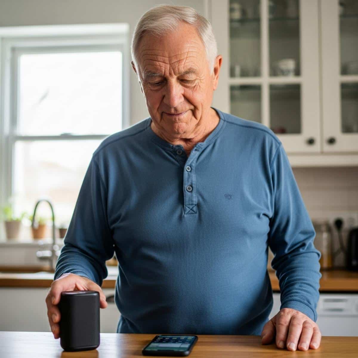 Older man placing a compact Bluetooth speaker on a kitchen counter beside a smartphone, waist-up centered view