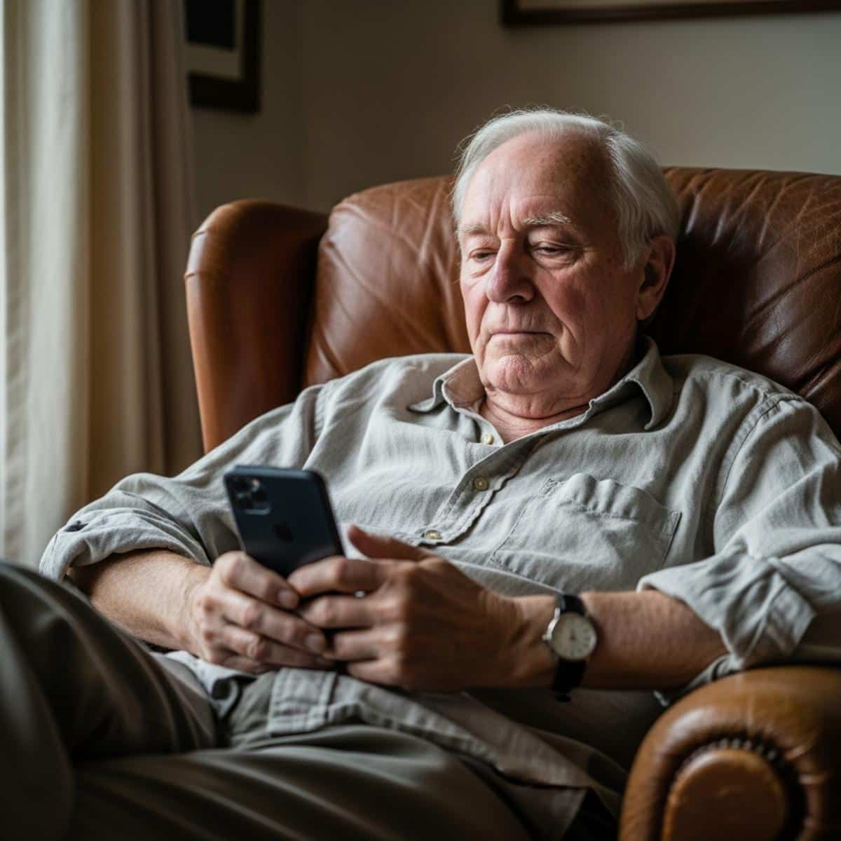 Older man reclining in a leather armchair holding a smartphone with a relaxed expression, three-quarter centered view